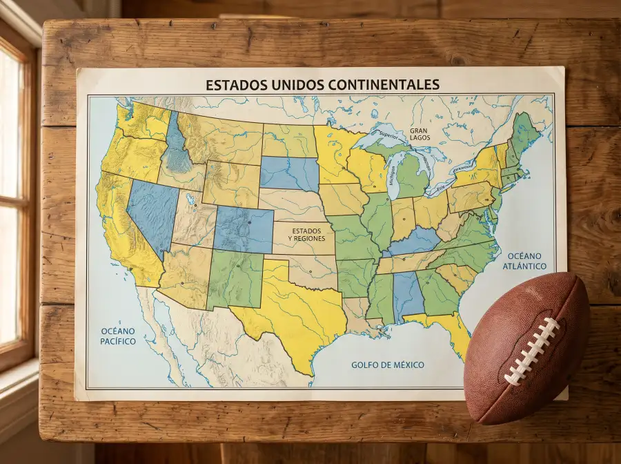Mapa impreso de Estados Unidos sobre mesa junto a balón de fútbol americano