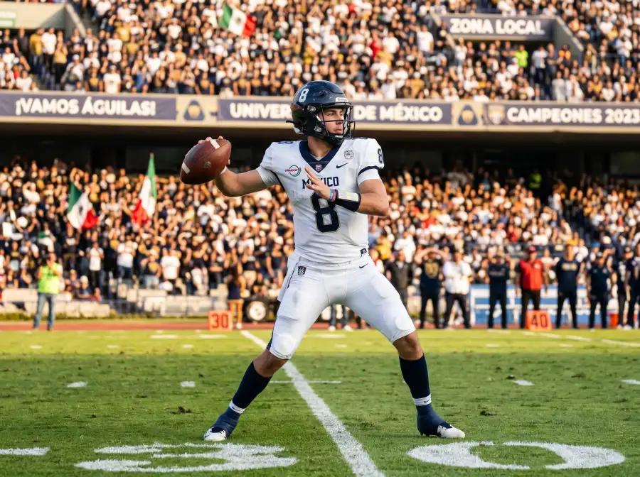 Mariscal de campo de fútbol americano universitario lanza un pase en un estadio NCAA con afición al fondo