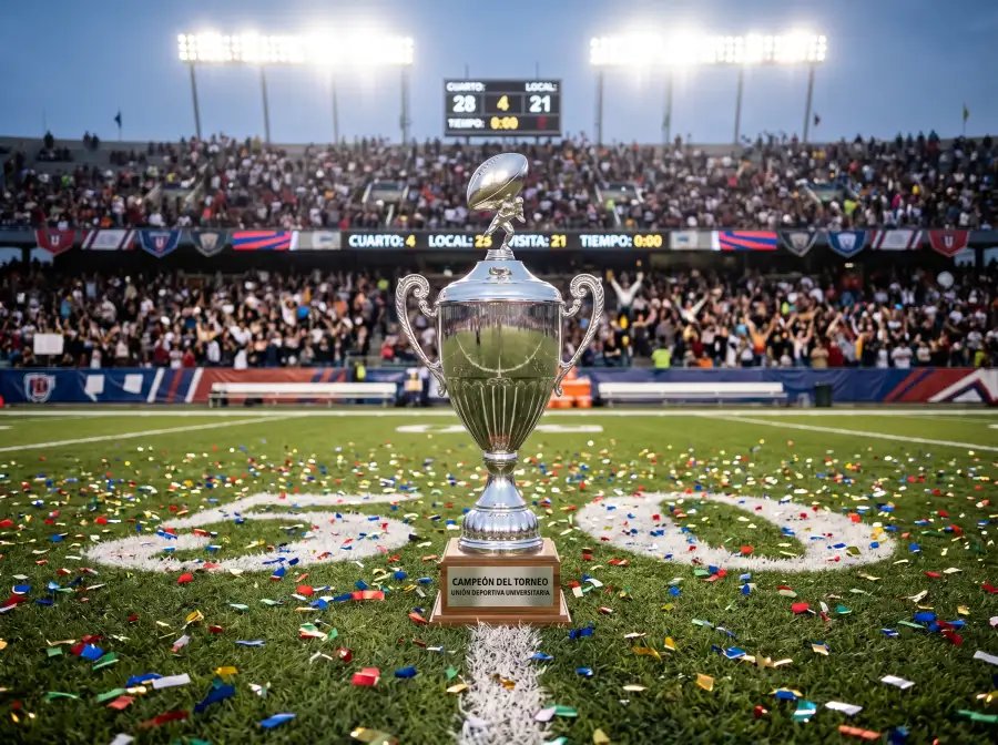 Trofeo de campeón de conferencia universitaria sobre campo de fútbol americano iluminado
