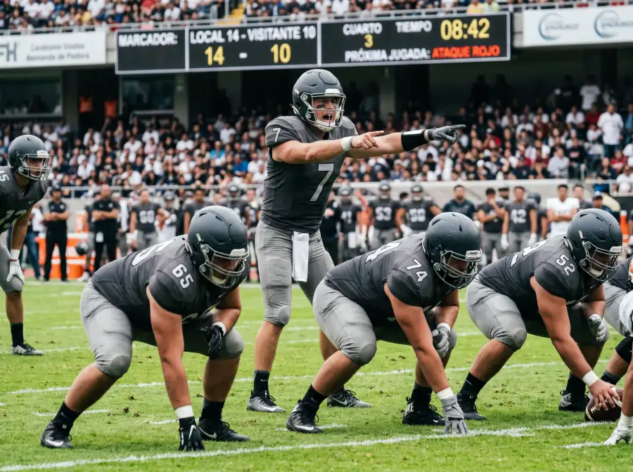 Quarterback universitario señalando jugada antes del snap en un partido diurno