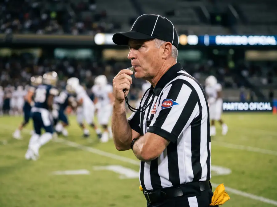 Árbitro de fútbol americano universitario con camisa a rayas haciendo sonar el silbato durante un partido NCAAF nocturno