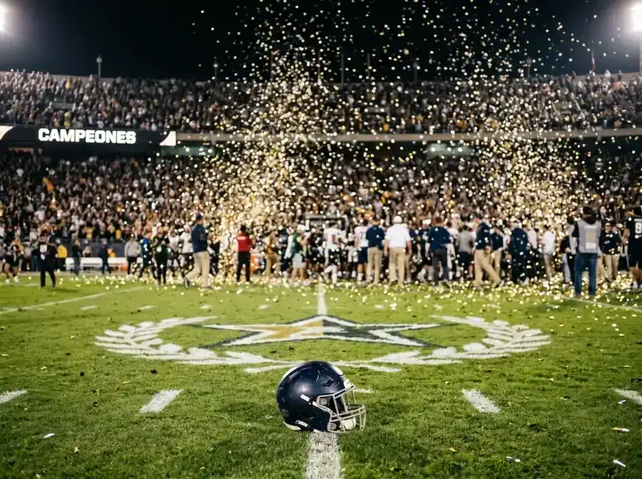 Confeti dorado cayendo sobre el campo de fútbol americano universitario tras la final del College Football Playoff