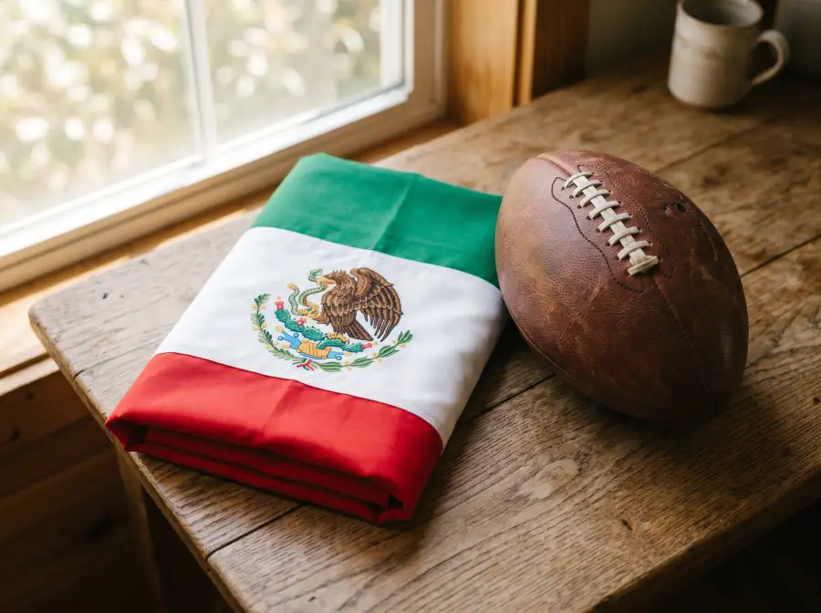 Bandera de México junto a balón de fútbol americano sobre superficie de madera