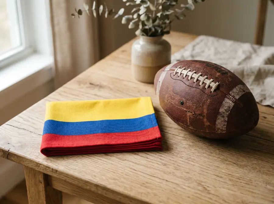 Bandera de Colombia junto a balón de fútbol americano sobre superficie clara
