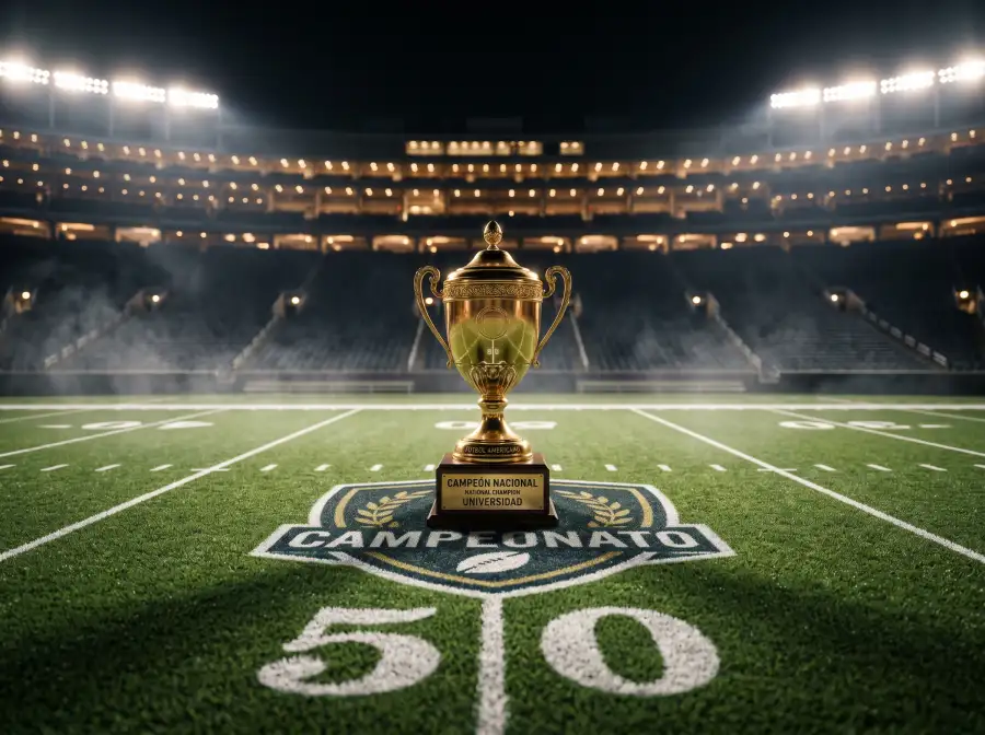 Trofeo dorado del College Football Playoff sobre un campo de fútbol americano universitario iluminado por la noche