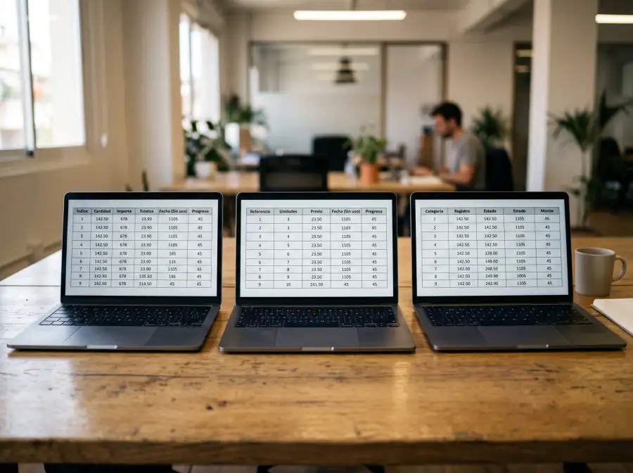 Varias pantallas de laptops alineadas sobre escritorio mostrando tablas numéricas genéricas