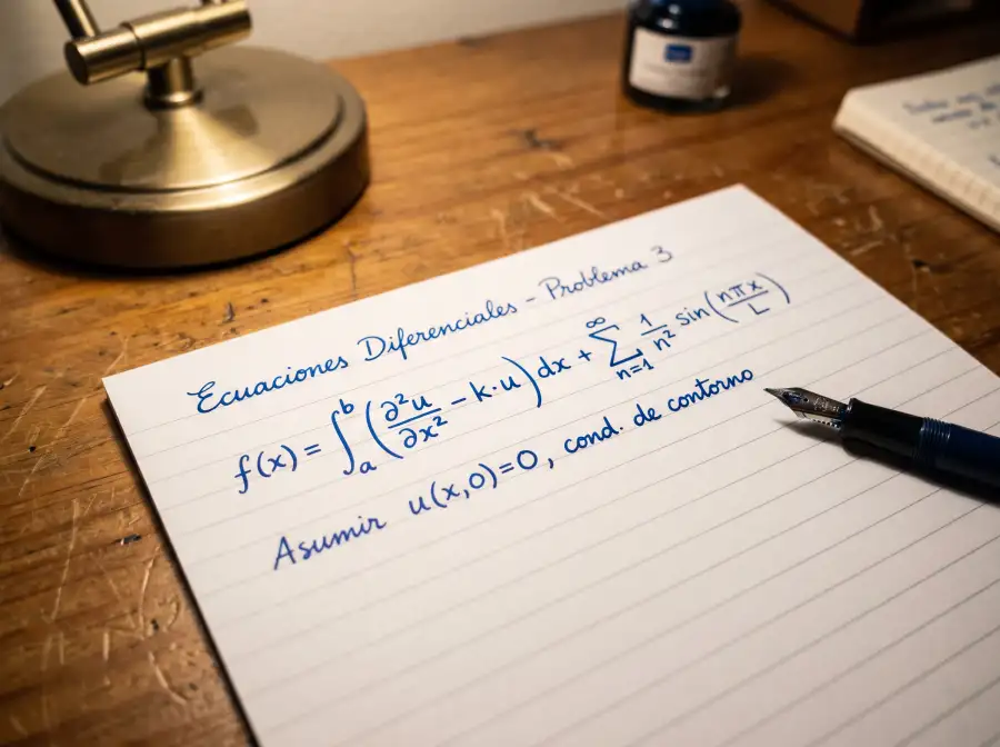 Hoja de papel con fórmula matemática manuscrita sobre escritorio de madera