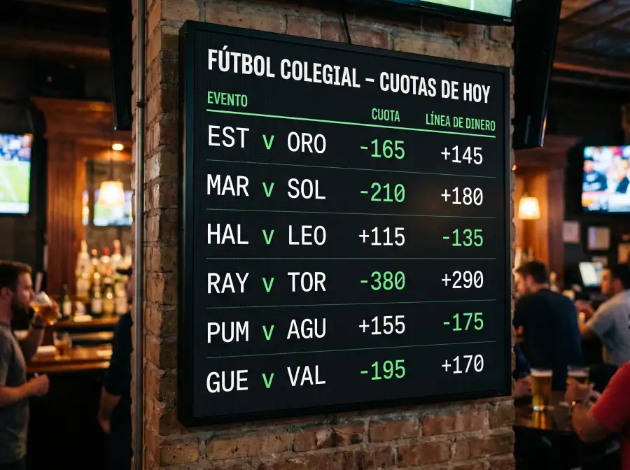 Tablero digital con cuotas americanas NCAA mostrando signos positivos y negativos junto a nombres de equipos universitarios