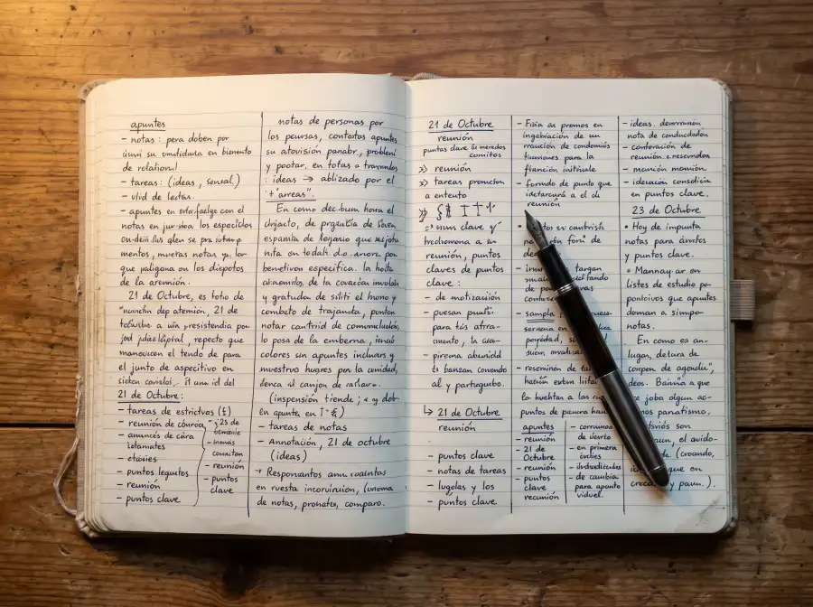Cuaderno abierto con registro manuscrito de apuestas junto a pluma sobre mesa de madera