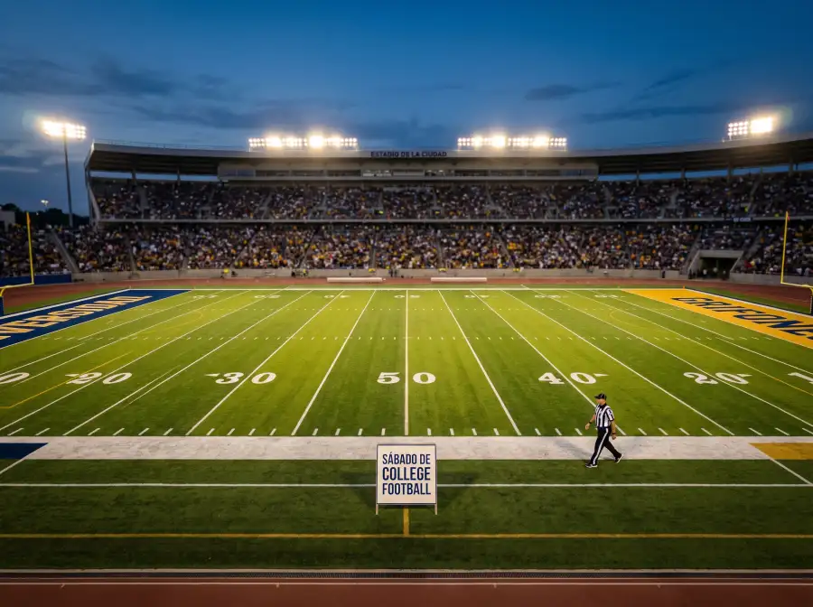 Estadio de fútbol americano universitario iluminado al anochecer antes del inicio de un partido NCAAF de sábado