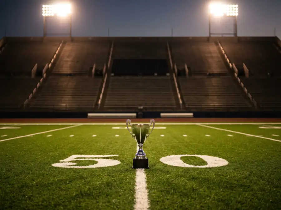 Trofeo universitario sin marcas sobre campo de fútbol americano al inicio de una final