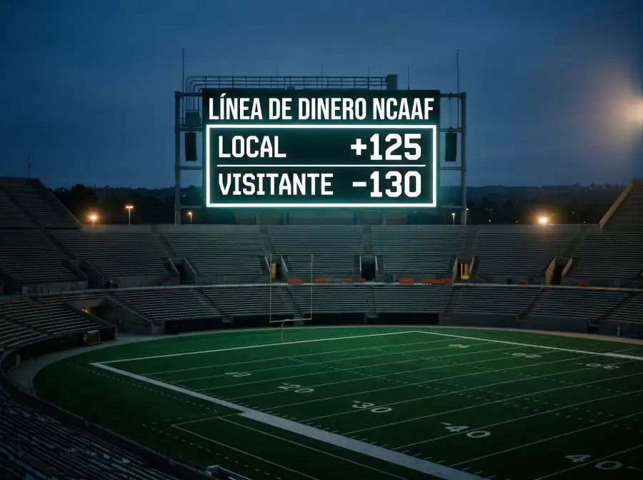 Tablero digital con momios moneyline de college football NCAA y símbolos +/− en tipografía monoespaciada