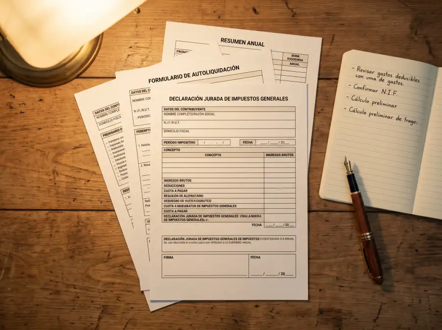 Documentos fiscales impresos junto a pluma estilográfica sobre escritorio de madera