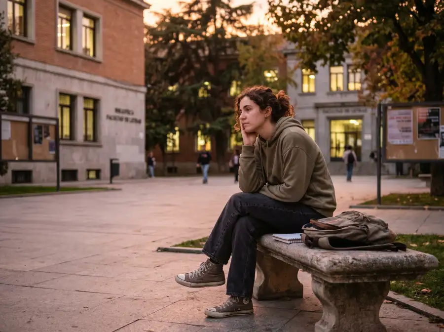 Joven universitario sentado pensativo en banca del campus al atardecer