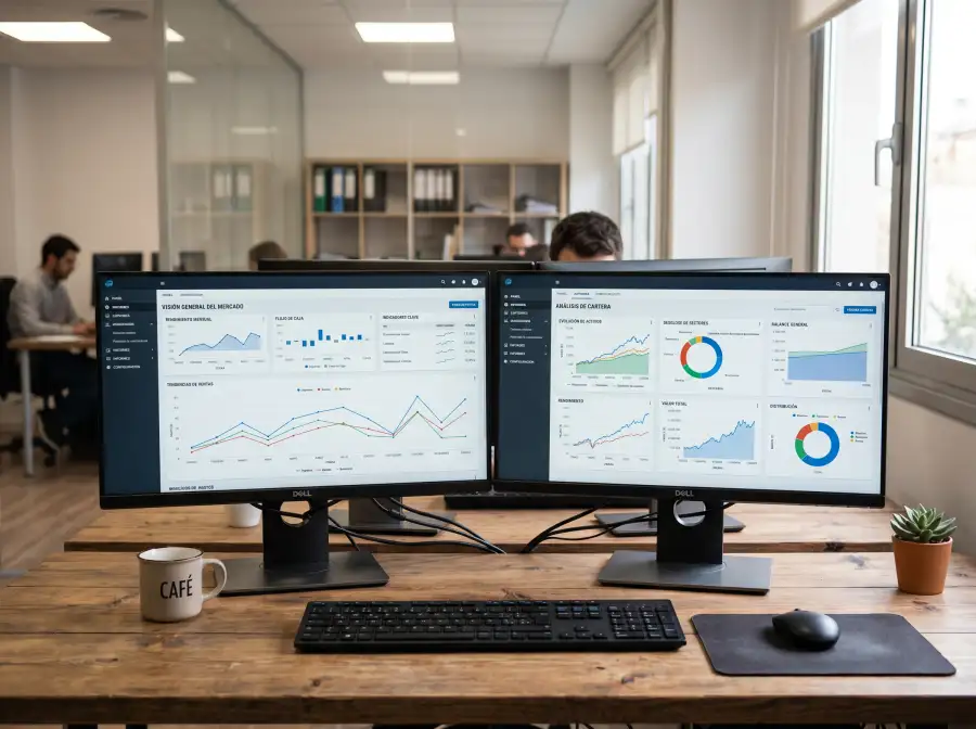 Dos pantallas de computadora enfrentadas mostrando interfaces genéricas de mercado financiero