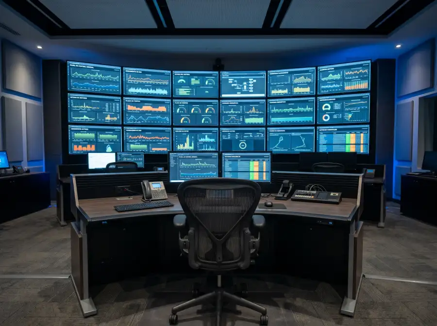 Sala de control con múltiples pantallas mostrando gráficos de datos deportivos