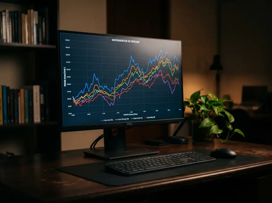 Pantalla de computadora con gráfico de líneas de apuestas deportivas fluctuando