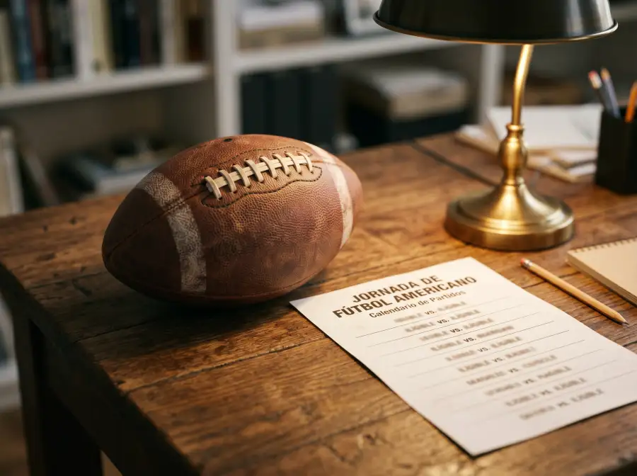 Balón de fútbol americano sobre mesa con hoja impresa de varios partidos universitarios