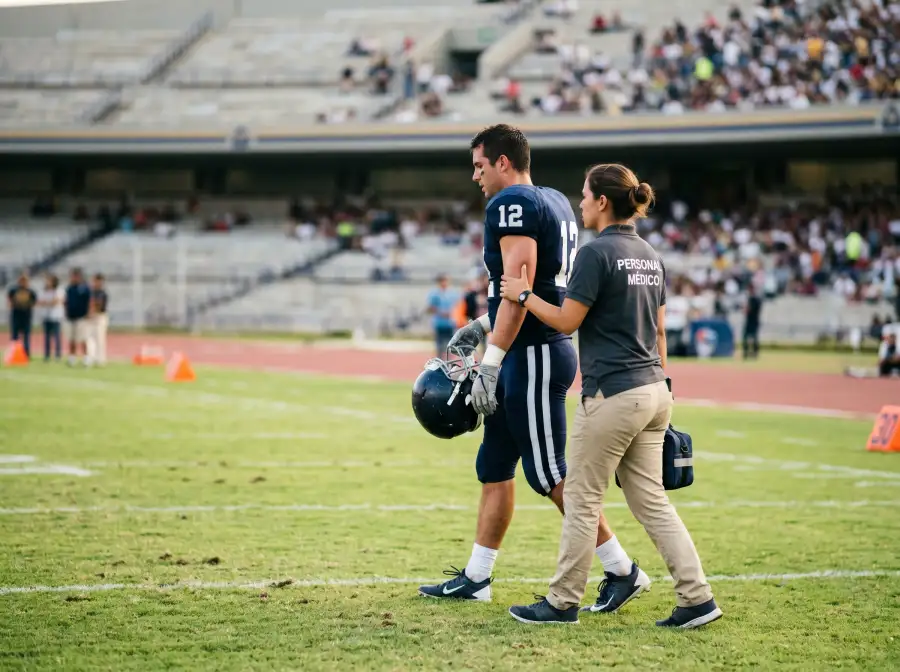 Quarterback universitario caminando fuera del campo acompañado por miembro del cuerpo técnico