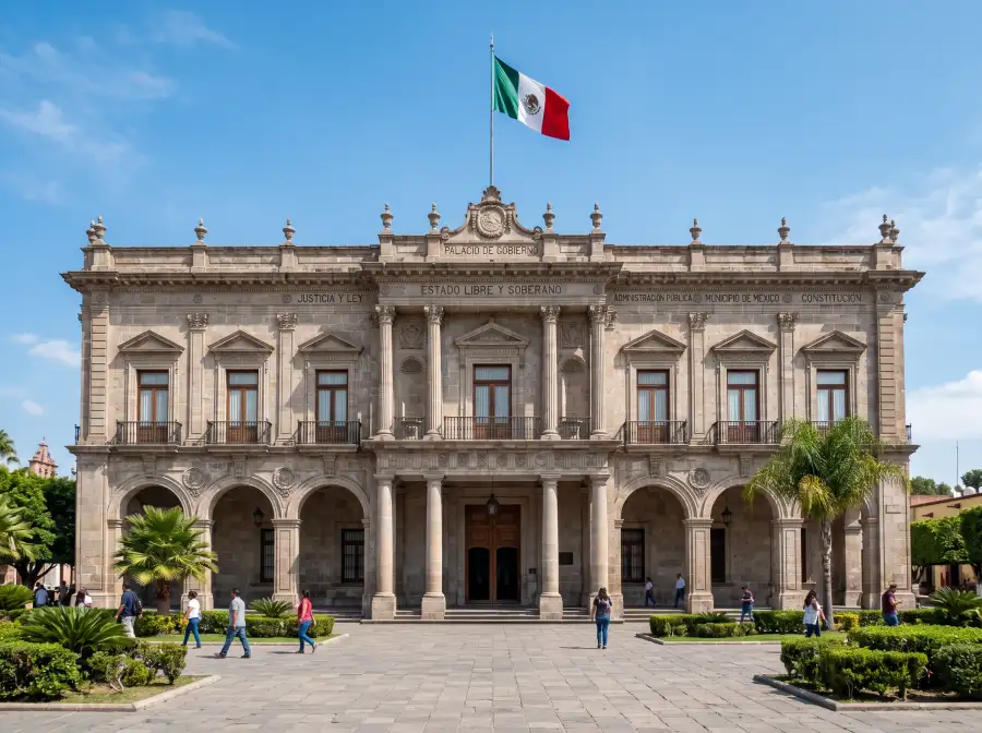 Edificio gubernamental mexicano con fachada de piedra bajo cielo despejado
