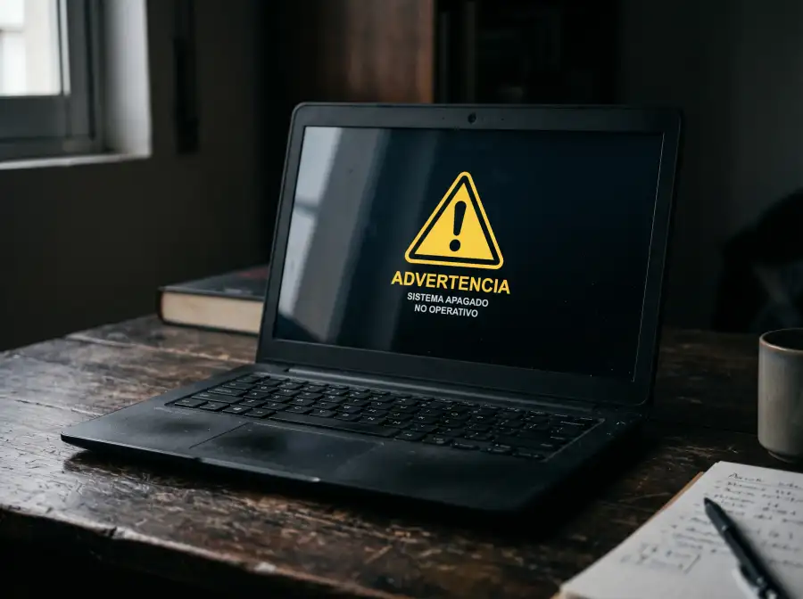 Pantalla de laptop con advertencia de sitio no seguro sobre escritorio oscuro