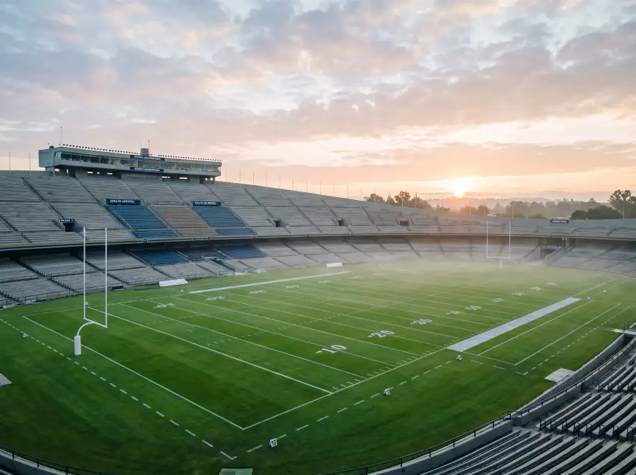 Campo de fútbol americano universitario al amanecer antes del inicio de la temporada