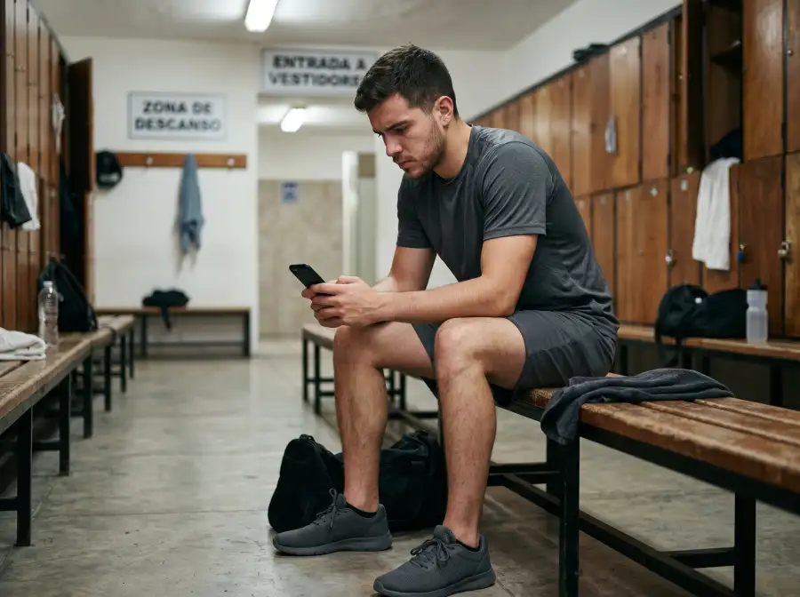 Estudiante-atleta universitario con uniforme deportivo mirando teléfono con expresión seria
