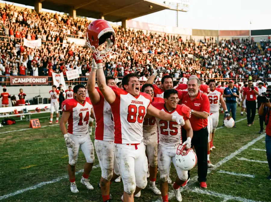Jugadores de un equipo underdog de college football celebran una victoria sorpresa frente a su banquillo y cuerpo técnico