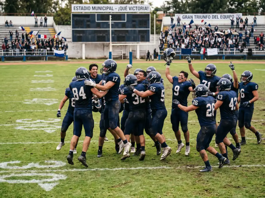Jugadores universitarios de fútbol americano celebrando una victoria sorpresa en el campo