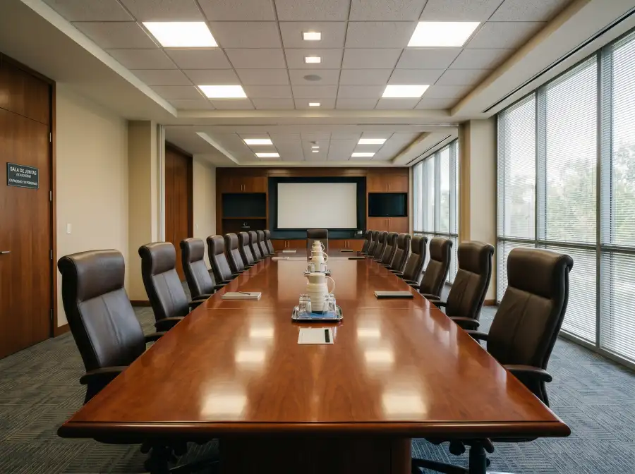 Sala de juntas institucional con mesa larga de madera y sillas vacías