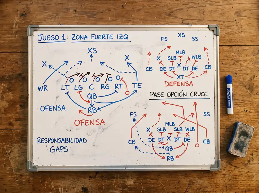 Pizarra táctica de fútbol americano con diagrama de jugadas y plumón sobre la mesa